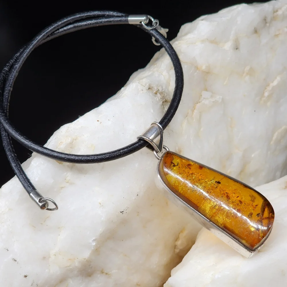 Amber Jewelry Sterling Silver 925 Natural AMBER Pendant Leather Necklace